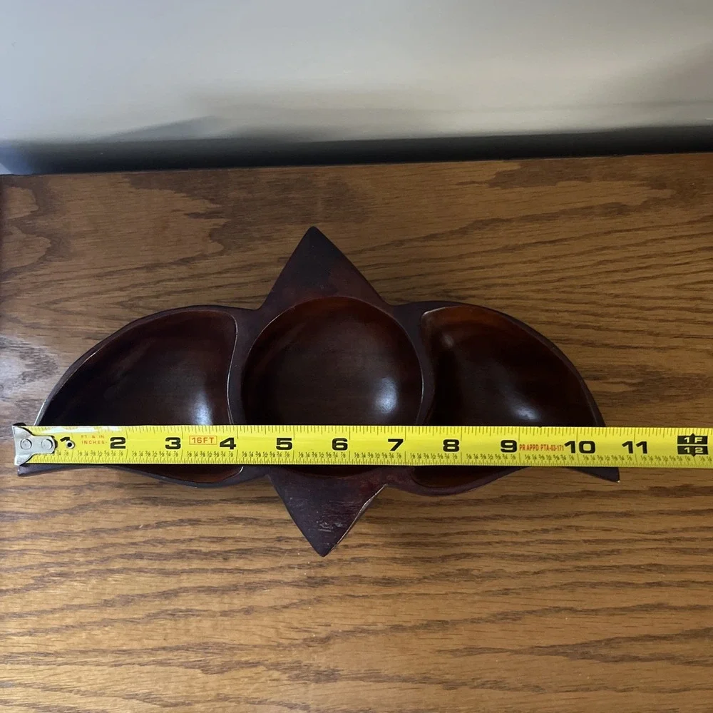 Vintage Solid Wood Bowl Divided Nut Dish Coin Tray Geometric MCM Rare Shape